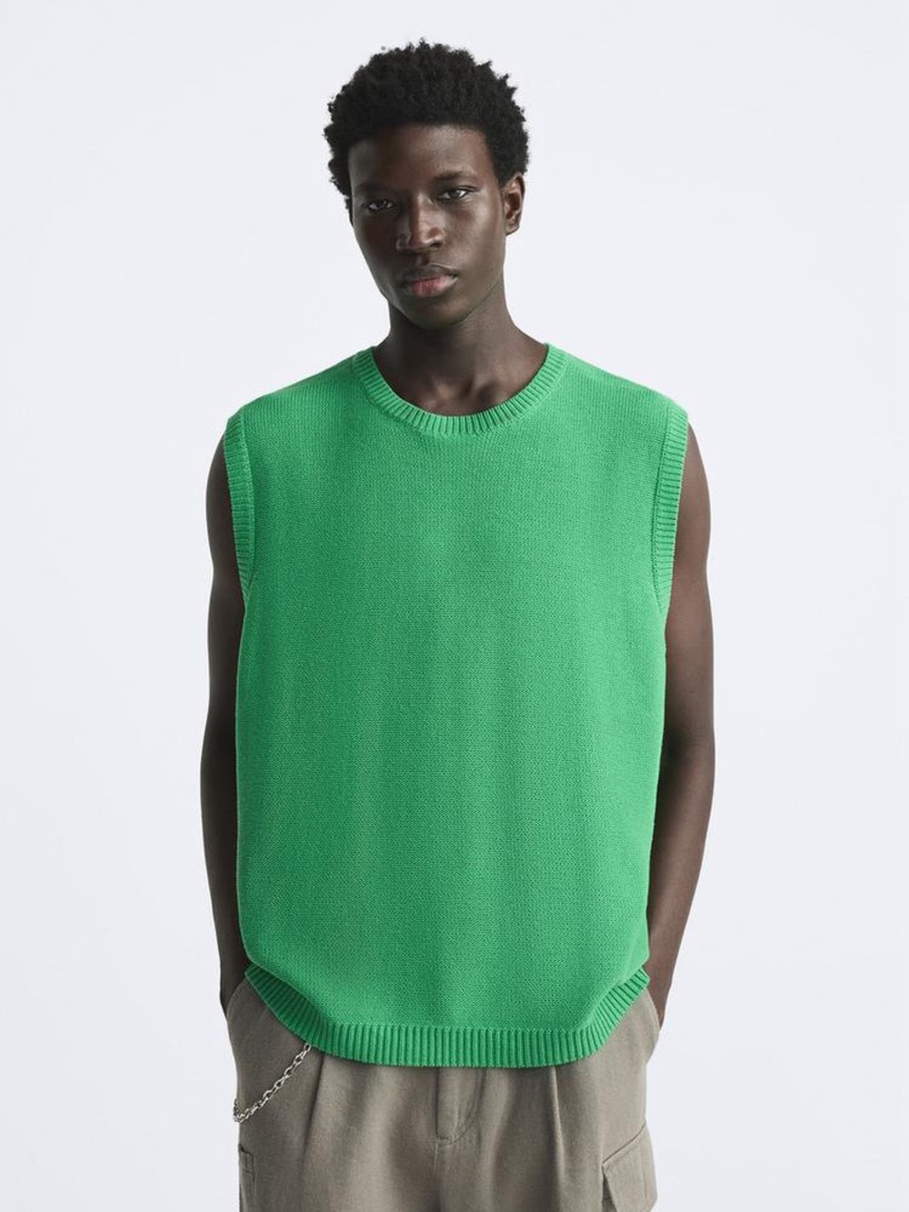 Zara Men’s Bright Green Knit Sleeveless Crewneck Knit Sweater Vest MD